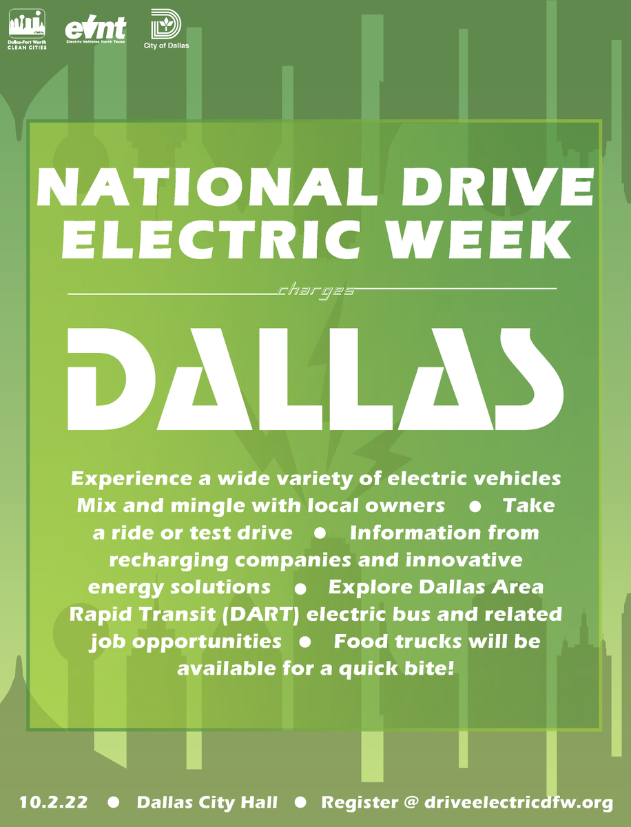 NCTCOGtrans's tweet photo. Our Annual National Drive Electric Week event will be on Sunday, October 2nd from 3pm – 6pm at Dallas City Hall with food trucks, an array of vehicles and with companies discussing solar information! 

Register here: https://t.co/0SeT02cGL5 https://t.co/vif4V7hkze