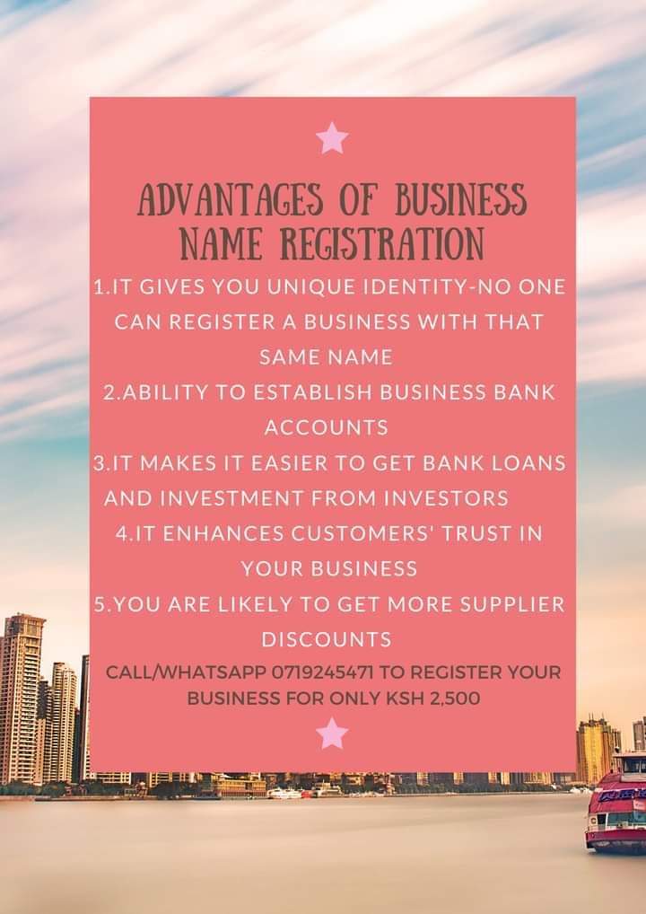 ViolanNews's tweet image. Don't be left behind. Register your business name for only Ksh 2,500 to start enjoying all these benefits. 
Call or whatsapp 0719245471