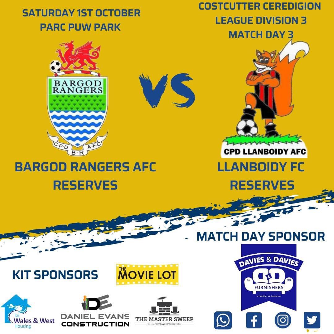 BargodRangersfc's tweet photo. Weekend fixtures;

Firsts travel to @Bontfc in the Dai Dynamo cup 1st round, while the Reserves host @Llanboidyfc reserves in the League

#BRAFC https://t.co/mcsoowZcNA