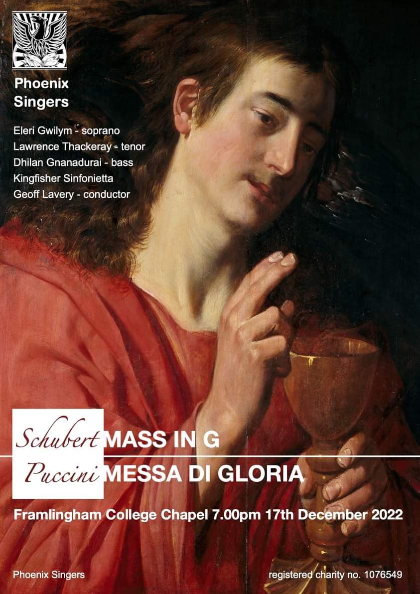 Phoenix Singers present Schubert's Mass in G and Puccini's Messa di Gloria. With @EleriGwilym, @lthackeraytenor, @brownbaritone and @Kingfisher_SE Conducted by Geoff Lavery. In the beautiful surroundings of @FramCollege Chapel. Tickets via william@glasse.org.uk #suffolk #choir