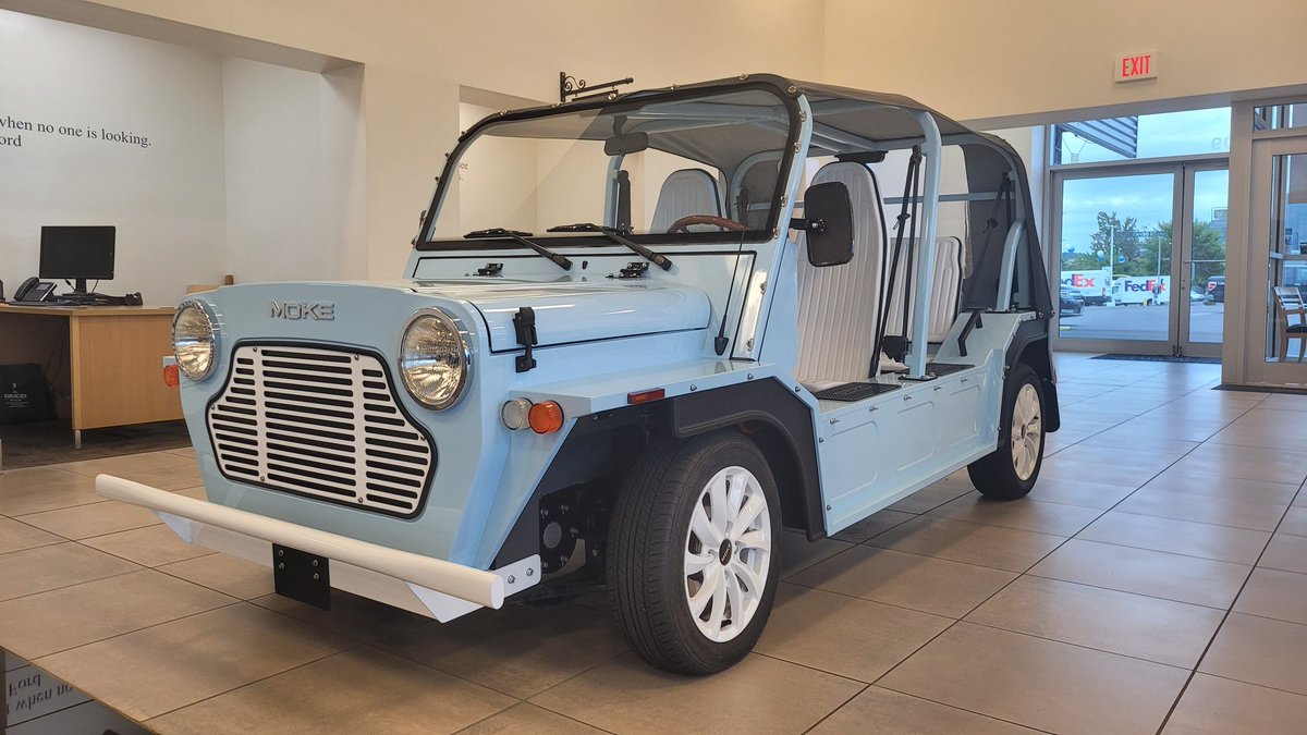 MagicCityFord's tweet photo. Our 1st Moke has arrived! From the Swinging Sixties to St. Barth Chic, the Moke has always been in style. Own a piece of history with Moke America, the updated electric car with a groovy past! Call us for more information! 540-345-0911 #MokeAmerica #MokeInTheNoke https://t.co/McaYH18k0I