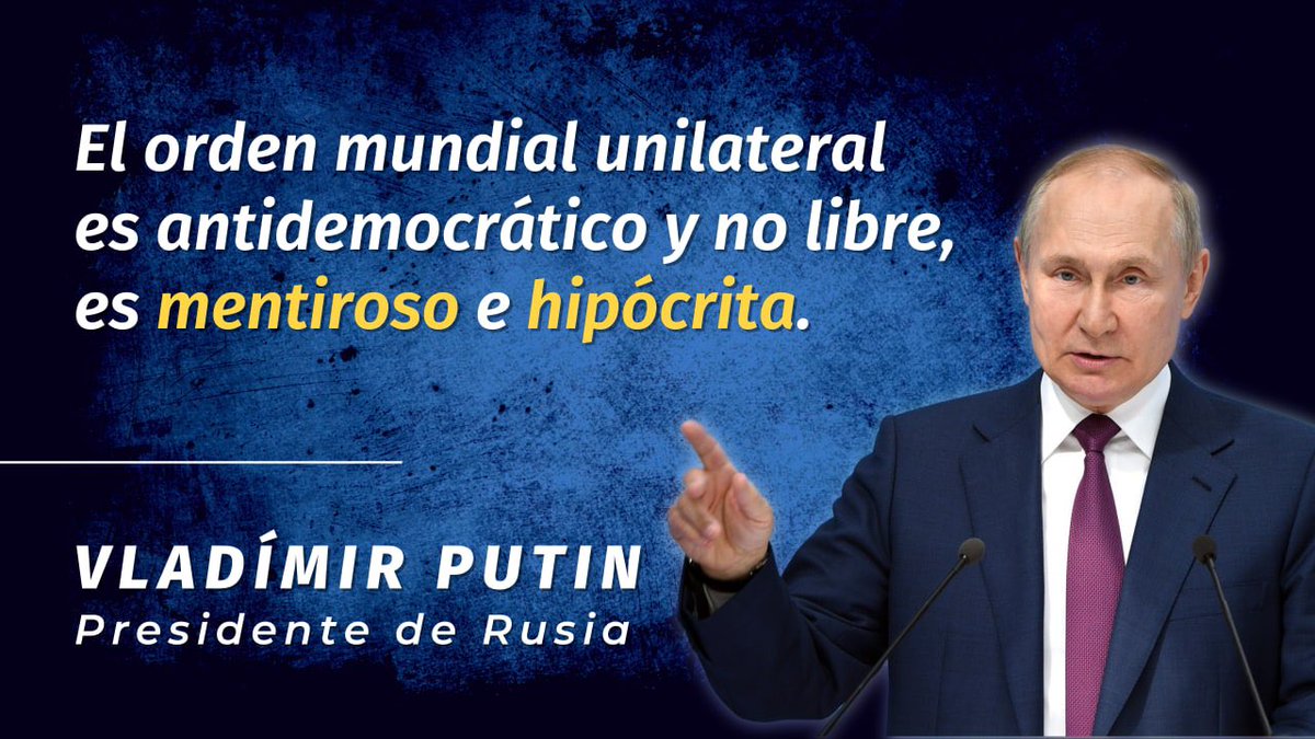 💬 Vladímir Putin: Los países occidentales dicen que llevan la libertad y democracia a otras naciones, pero es al revés. En lugar de la democracia, es supresión y explotación, en vez de la libertad, es violencia y esclavitud. ❗️ El orden mundial unipolar es mentiroso e hipócrita