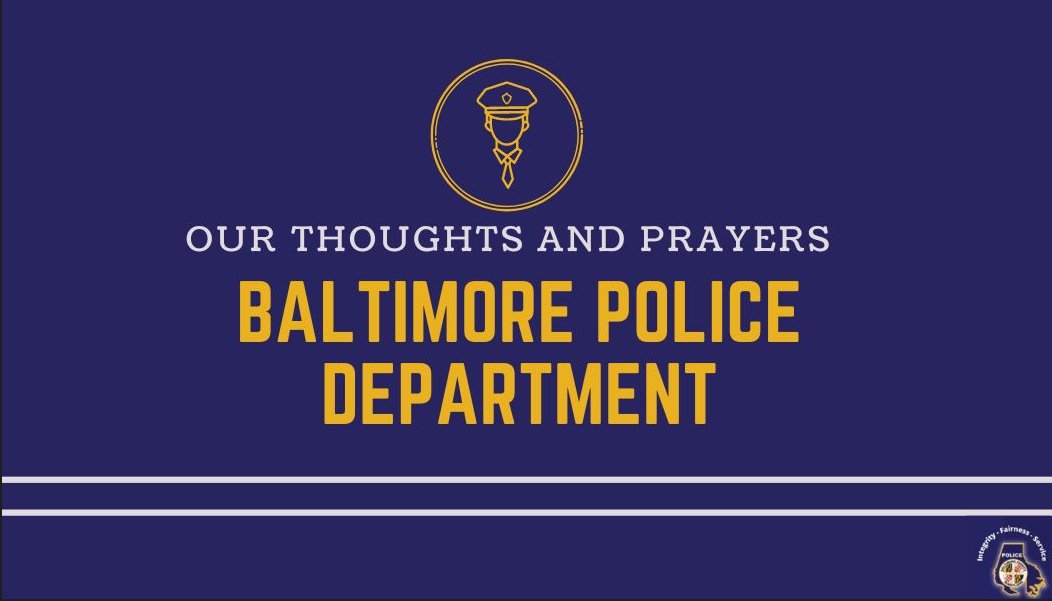 BaltCoPolice's tweet photo. #BCoPD Our thoughts and prayers are with the Baltimore Police officer injured this afternoon. @BaltimorePolice https://t.co/Ixfb06E9Ds