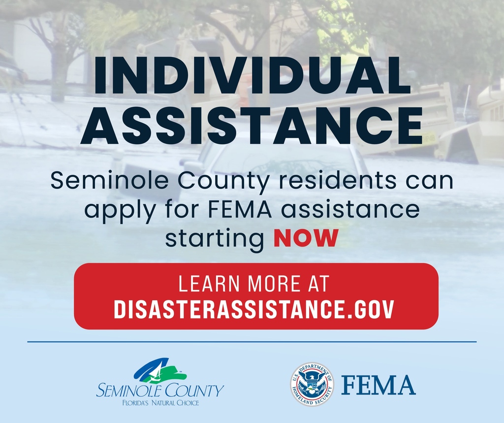 INDIVIDUAL ASSISTANCE: FEMA has declared Seminole County as a designated disaster area following Hurricane Ian. Residents can apply NOW for financial and direct services through their insurance and FEMA's Individuals and Households Program at fema.gov/assistance/ind…