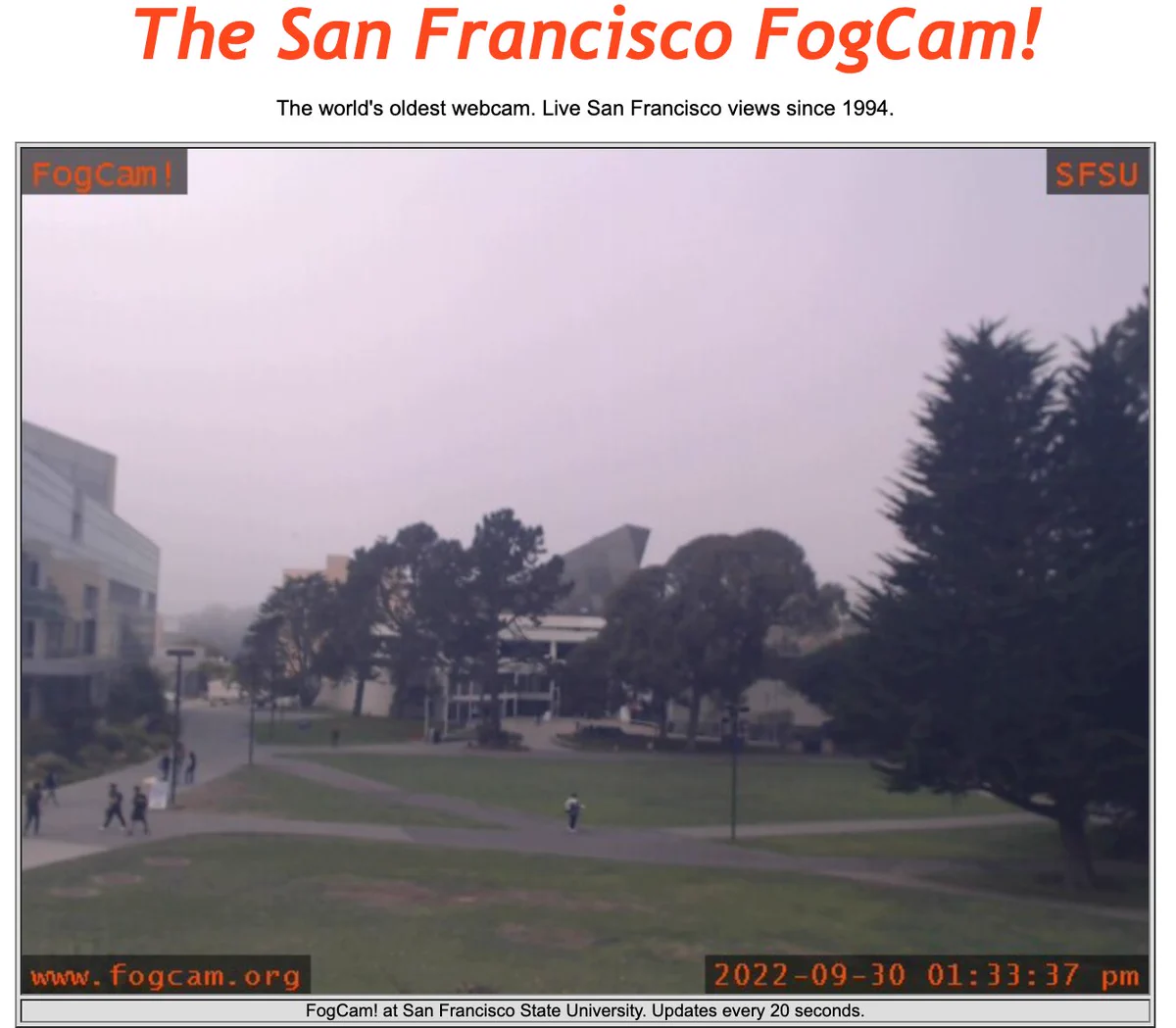 A screenshot of the San Francisco Fogcam at 1:33pm on September 30 showing low fog on the Quad