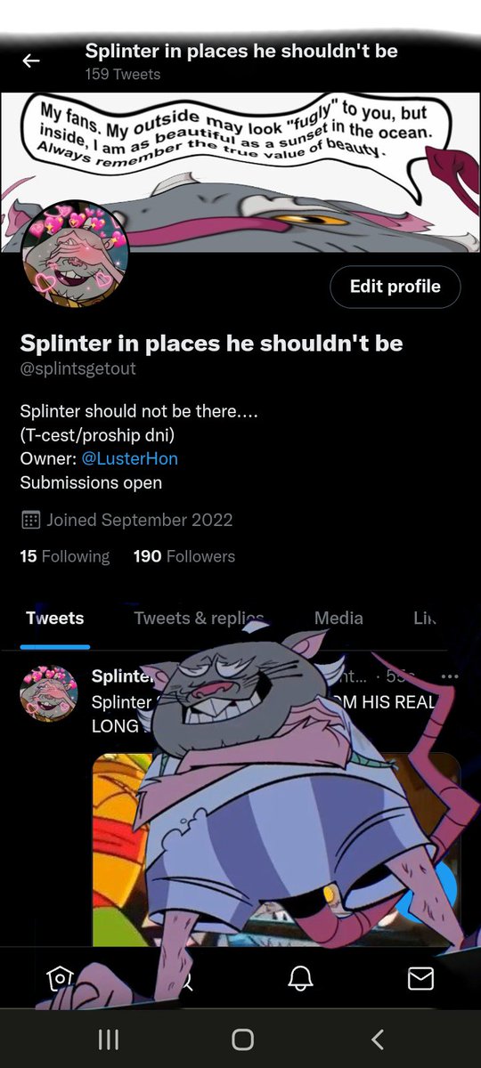 splintsgetout's tweet photo. SPLINTER SHOULD BE ON THE ACCOUNT THAT WAS QUITE LITERALLY MADE FOR HIM. LIKE CMON MAN... #rottmnt https://t.co/sovRPAxXN9