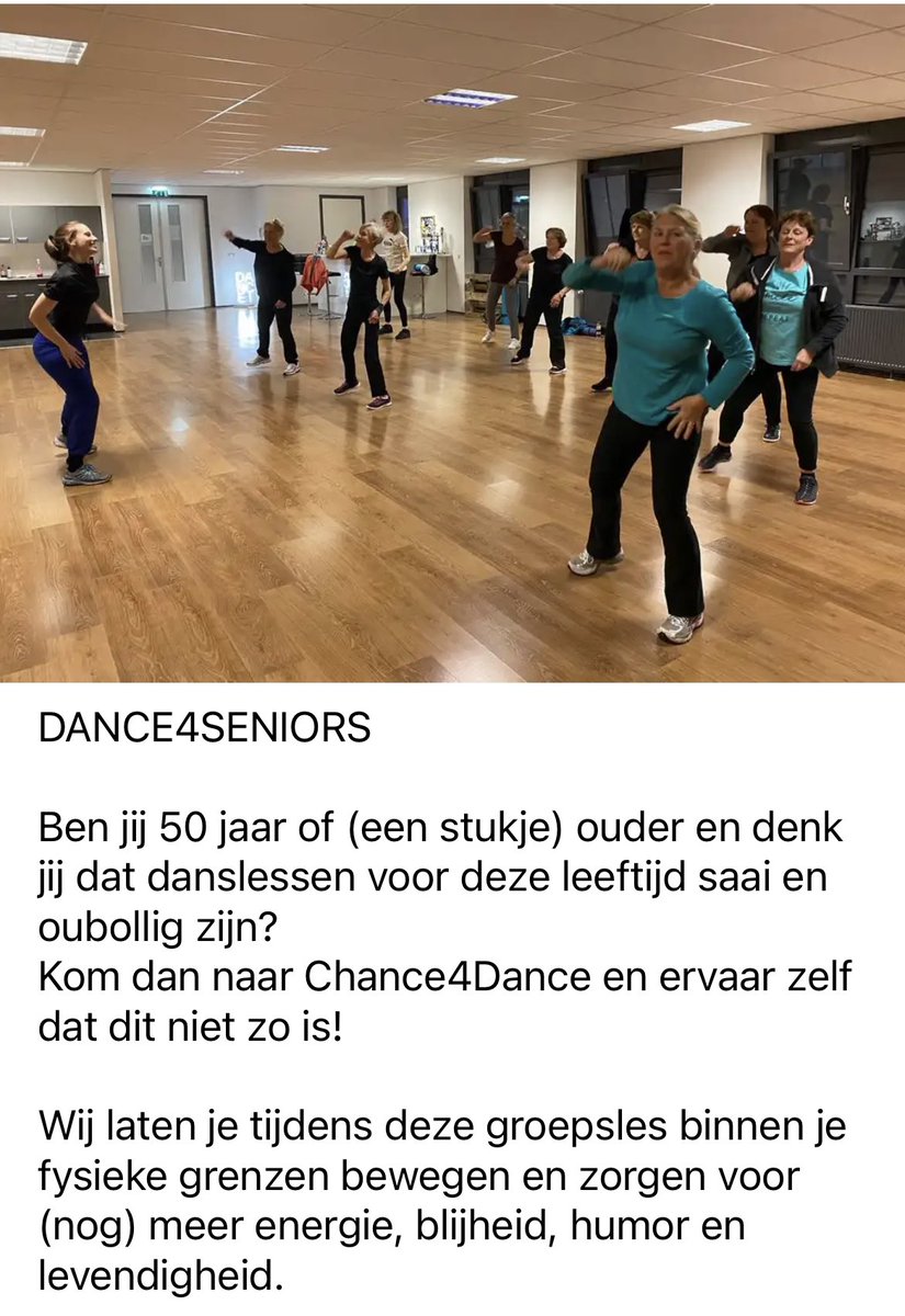 chance4dance's tweet photo. Vanaf maandag dance4seniors in Cuijk!

13.00-14.00u bij Chance4Dance in Cuijk!

Gratis proefles? Mail shanti@chance4dance.nl https://t.co/quGpkYYXlP