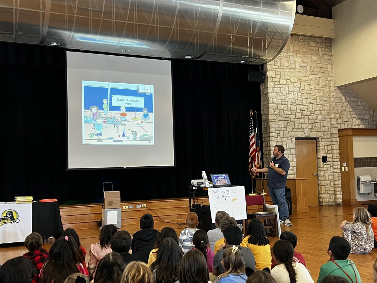 busy_librarian's tweet image. Today we had author and illustrator , Jonathan Miller, visit our @kespanthers . Our panthers enjoyed hearing him talk about his writing and illustrating process! It was so much fun! He even took the time to sign his books! #kyleesrocks