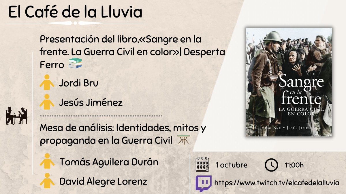 cafelluvia's tweet photo. 📢Mañana, sábado, comienza la nueva temporada de #elcafédelalluvia 📺📻

Hablaremos con los autores de «Sangre en la frente» | @DespertaFerro 📚

Mesa de análisis con @taguileraduran y @david_alore 🔎

¡Y mucho más!

A partir de las 11:00h en #twitch: https://t.co/xjnPgInAtR https://t.co/WLlnenwEq4