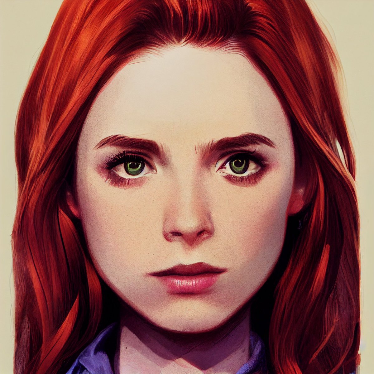 SmirkingDesigns's tweet photo. What I was trying for was #AmyPond (I wanted the fuller cheeks, thus the character instead of the actress) as #LilyEvans with green eyes. Interestingly enough, this result reminded me more of #MadisonDavenport when playing #KateFuller in #FromDuskTillDawn TV series. #Midjourney https://t.co/lhFZC14y7K