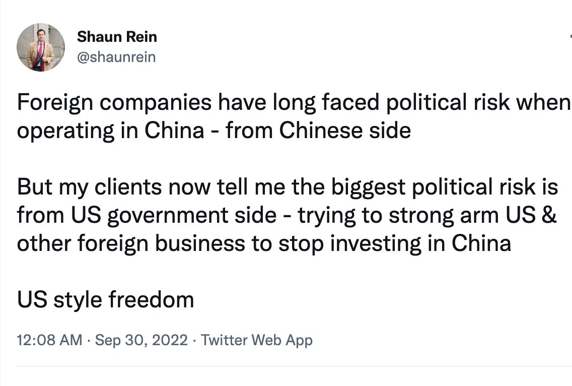 1. What clients? I've none.
2. Nobody claims that their China business problems were caused by US government "strong-arming".
3. The U.S. government is elected so its decoupling from China does not reduce freedom; it's called foreign policy.

CCP pays me well to say otherwise.