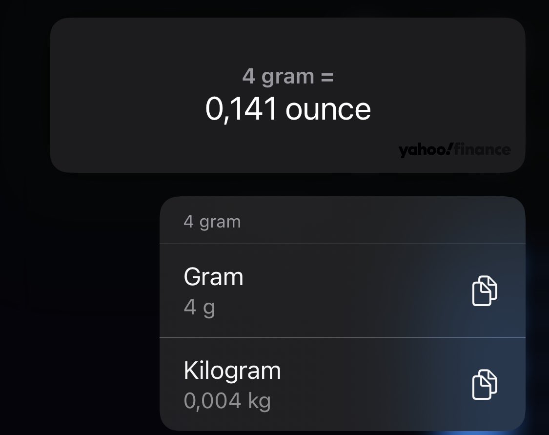 HarckerTech's tweet photo. According to #iOS16, unit conversions are supplied by Yahoo finance. Maybe it’s about time I invest in kilogram, it seems to have a pretty solid market share https://t.co/2H9WAn6ji6