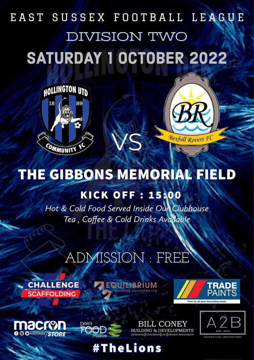 𝙏𝙊𝙈𝙊𝙍𝙍𝙊𝙒 | ⏩

#ESFL DIVISION TWO.

🏆 <a href="/MacronESFL/">MSH - East Sussex Football League</a> DIVISION TWO
📆 Saturday 1st October 2022
🆚 <a href="/Bexhill_Rovers/">Bexhill Rovers FC</a>
🏟 The Gibbons Memorial Field 
🕒 15:00

#TheLions 🦁,