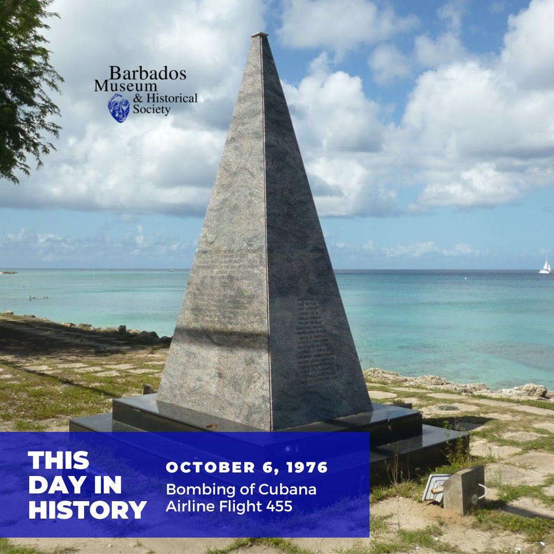 BarbadosMuseum's tweet photo. On this day 46 years ago, terrorism raised its ugly head in Barbados. Approximately one minute after takeoff, Cubana Airline Flight 455 from Bridgetown to Kingston crashed into the sea off the West Coast of Barbados following a bomb explosion. https://t.co/1lbqG5vsrv