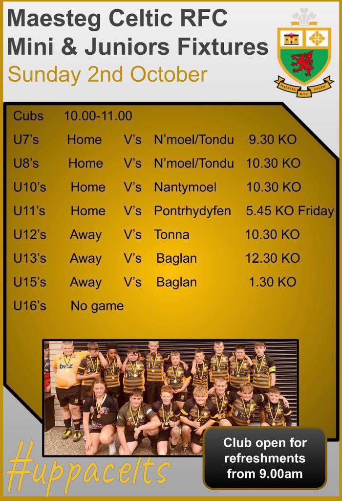 No game for <a href="/celtsyouth/">Maestegcelticyouth</a> tomorrow with Head Coach away

But a very busy weekend for our Minis and Juniors ❤️

💛🖤💛