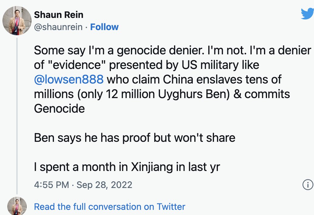Of course I'm a genocide denier. Denying genocides made me the CCP's highest paid foreign operative. 

Who likes how I mention having spent a month in Xinjiang as if that means I would've seen the ongoing genocide there? 

TRUTH: I spent every waking moment there w/ <a href="/MiaoXiaojuan/">Miao Xiaojuan</a>
