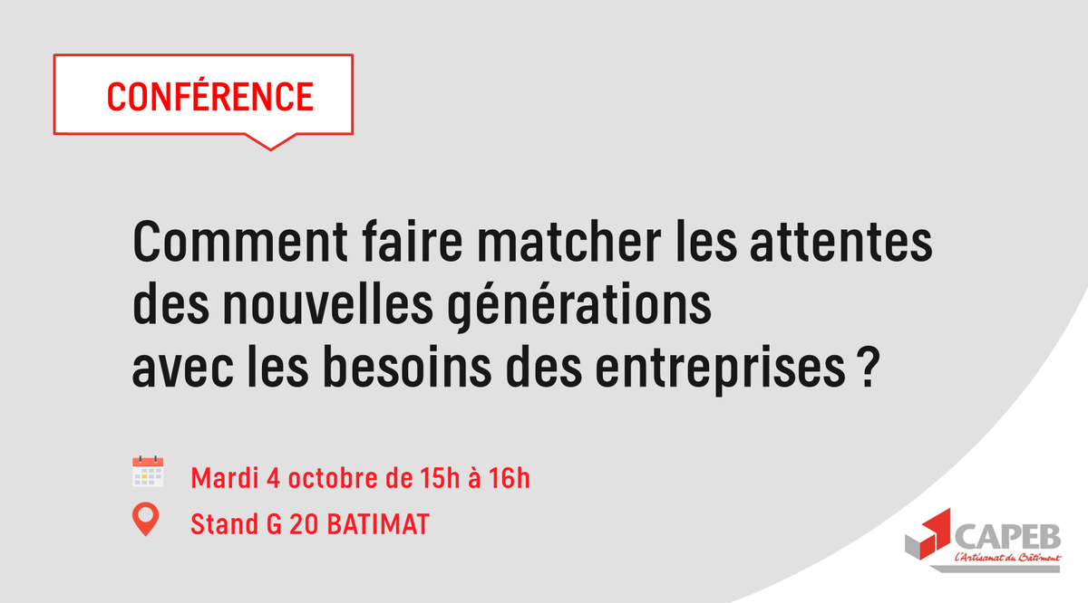 #Batimat2022 📅 Rendez-vous demain à 15h sur notre stand G20  pour notre conférence "Comment faire matcher les attentes des nouvelles générations 
avec les besoins des #entreprises ?" avec <a href="/Franck_Lnc/">Franck Le Nuellec</a> du <a href="/3CABTP/">CCCA-BTP</a>, <a href="/reponcapeb/">Jean-Christophe Repon</a> et <a href="/LaureVIAL1/">Laure VIAL</a>.
 + d'infos 👉bit.ly/3E0UFDf