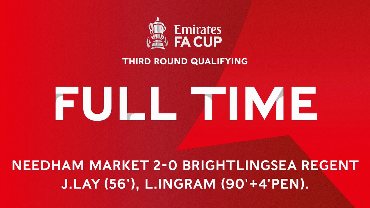needhammktfc's tweet photo. FT: Needham 2-0 Brightlingsea!

A deserved win for the Marketmen in torrential rain, goals from @Jacoblay14 and @LukeIngram_7, on his return from injury make it 6 consecutive wins and 5 clean sheets as we equal our club record run in the competition!

#NeedhamMarketFC https://t.co/H3yovSmutr