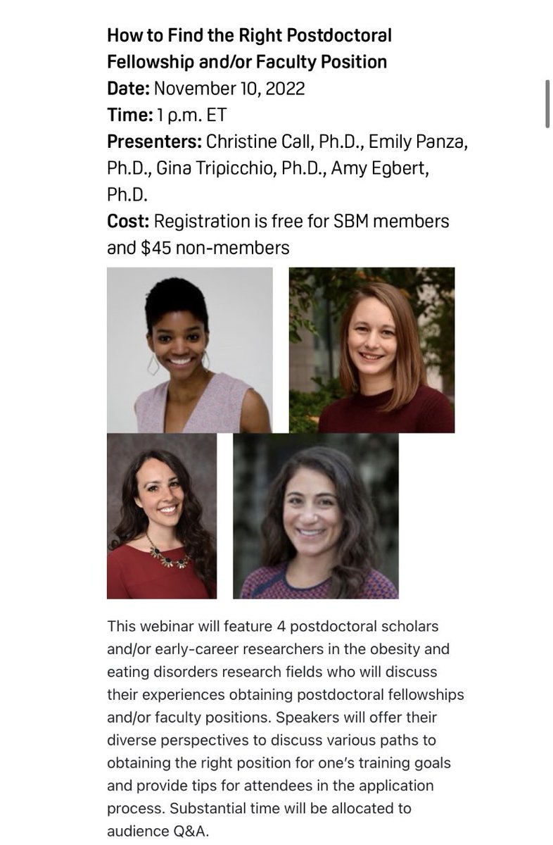 SBMObesityEDs's tweet photo. We’re so excited to be partnering with @SbmStudents to host a panel on how to find the right postdoc and/or faculty position, featuring the fantastic @christineccall @EmilyPanza @AmyHEgbert @gina_tripicchio! 

Thursday, November 10th @ 1pm EST
To register: https://t.co/HRzH52Vpn1 https://t.co/CUNAMe3Ph6