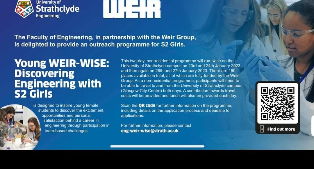 VoLA_sci's tweet photo. Young WEIR-WISE:  Discovering Engineering with S2 Girls 

University of Strathclyde
23 – 24 January 2023 and 26 – 27 January 2023
   https://t.co/fpadY4kXV1

The deadline to apply is Friday 7 October 2022. 

See Miss Glendinning (C2.02) if you are interested in this opportunity. https://t.co/LZj9rb3H9w