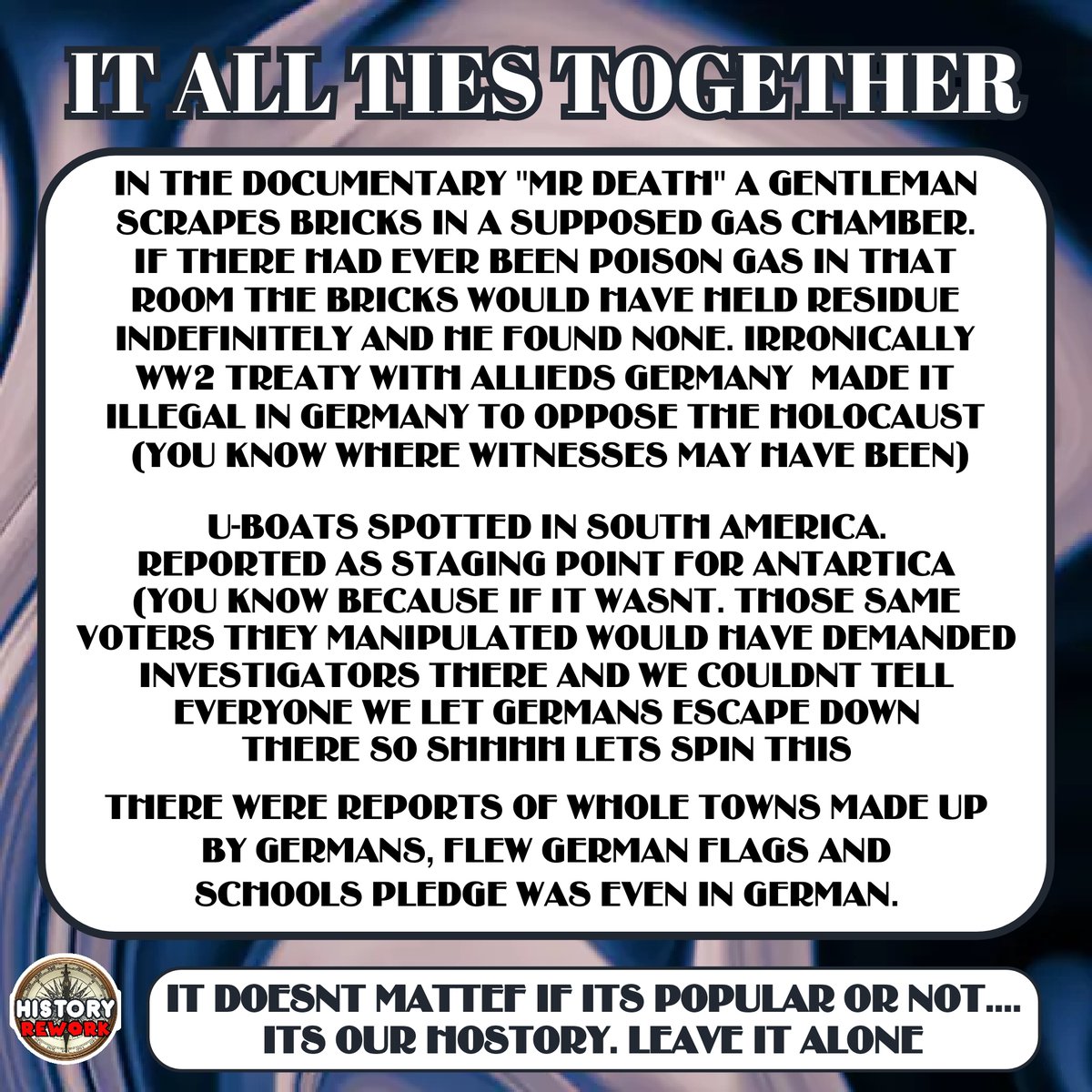 History_Rework's tweet photo. I do apologize. In no way to I believe Holocaust didnt happen just think a little different, thats all. I am a humble man 
that just thinks about crime and punishment and how public image let top Naziss escape and got JFK and his brother,  presidential hopeful, both killed. https://t.co/4k4ZTSLGi5