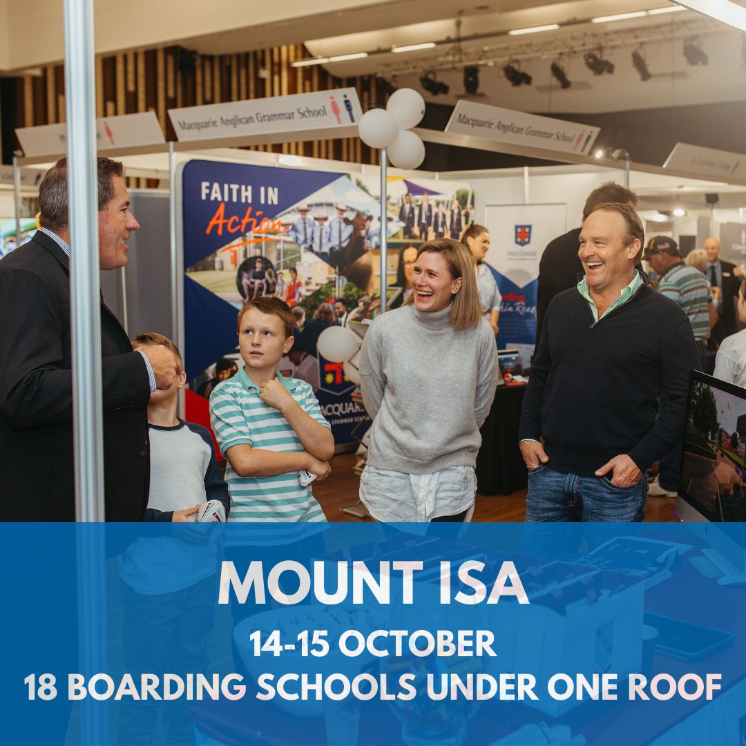 October 14 and 15 we will showcase 18 boarding schools all under one roof, just that little bit closer to where you call home.

#australianboardingschools #boardingisfun #destinationboarding #mountisaexpo #northwestqueensland #queenslandboardingschools #seeyouthere