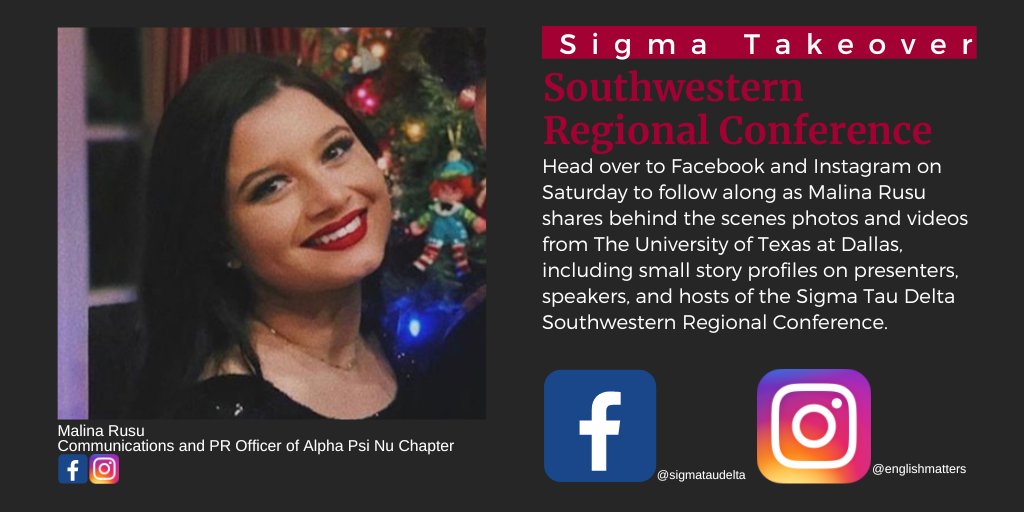 EnglishCon's tweet photo. Head over to Facebook and Instagram on Saturday to follow along as Malina Rusu shares behind the scenes photos and videos from the Sigma Tau Delta Southwestern Regional Conference. #SigmaTakeover #SocialMediaTakeover #CelebrityTakeover #EnglishHonor #UTDhostsSigTD @utdsigtd https://t.co/K3EWWUdxlk