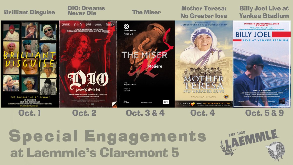 claremont5's tweet photo. 🍿 Special Engagement at Laemmle's Claremont 5 🍿
#brilliantdisguise #ramdass #dio @OfficialRJDio #Molière #themiser #motherteresa #billyjoel @billyjoel
🎟️ Tickets: https://t.co/fnEwpjBV4Z https://t.co/d1skXoFzaN