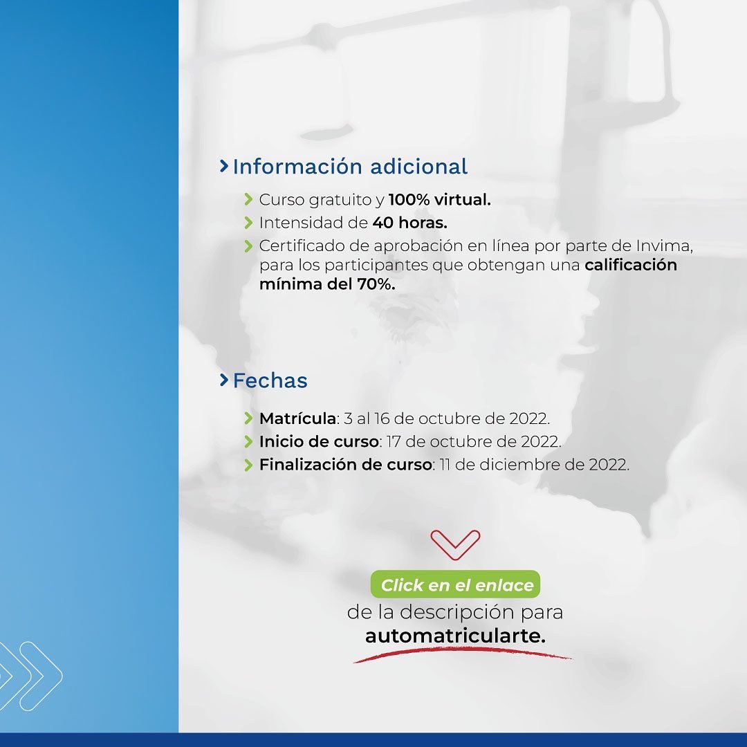 invimacolombia's tweet photo. 📢📢 La Dirección de Alimentos y Bebidas del #Invima, informa a los interesados que a partir del 17 de octubre de 2022 estará disponible el curso sobre requisitos sanitarios para plantas de beneficio de aves de corral.
Toda la información aquí: ⬇️
https://t.co/8dNYn9CpRr https://t.co/45vO9Ya9aC