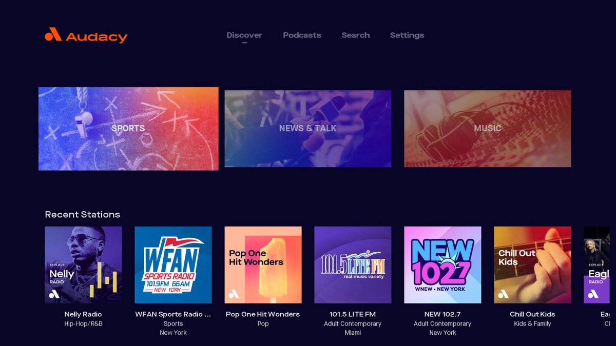 5. <a href="/Audacy/">Audacy</a> (free)

Audacy is your home for music, news, sports, and podcasts that you'll love.

It’s easy to discover new radio stations by music genre, sports talk, or news radio. Plus, they curate thousands of the most popular podcasts from around the country.