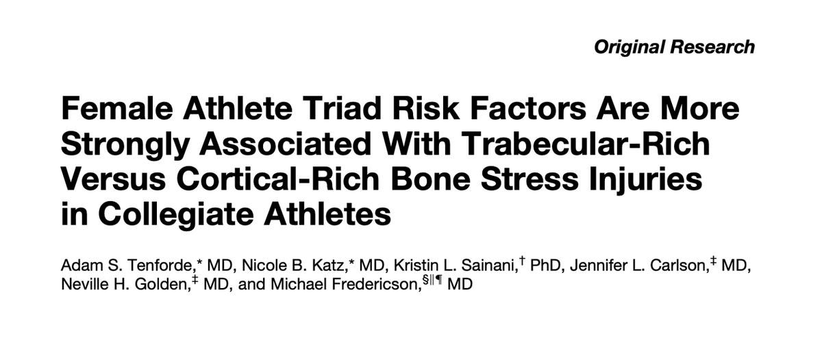 NicoleBKatzMD's tweet photo. 📢NEW study: Association of bone stress injuries (BSI), morphology, &amp; Female Athlete Triad risk factors 🦴

⛹🏾‍♀️Triad cumulative risk score was associated with trabecular- &amp; cortical-rich BSI

🏊🏿‍♀️Triad risk factors (BMD, weight) appeared more strongly related to trabecular-rich BSI https://t.co/t0cFD7Lpio