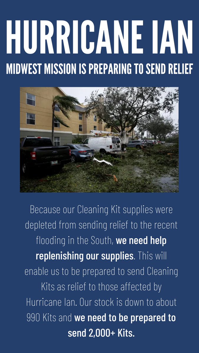 MidwestMission's tweet photo. Midwest Mission is currently putting together materials to send relief from hurricane Ian, for more details on how to participate, follow the link https://t.co/77RalT1lNL https://t.co/cdni0fcA8N