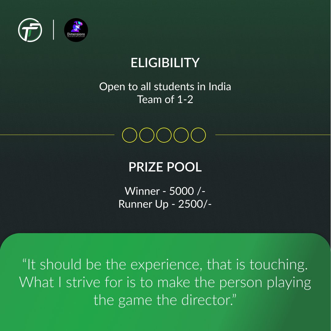 tf2k23's tweet photo. Dimensions G., IIIT Nagpur is excited to present Game Jam (A Game Development Challenge) as part of the annual Techfest Tantrafiesta 2022, with a prize pool worth 7500.

Registration link- https://t.co/iFlPLie6yA

#dev #development #game #gamedev #esports #onlinegaming #tf2k22 https://t.co/RVWMfov2j2