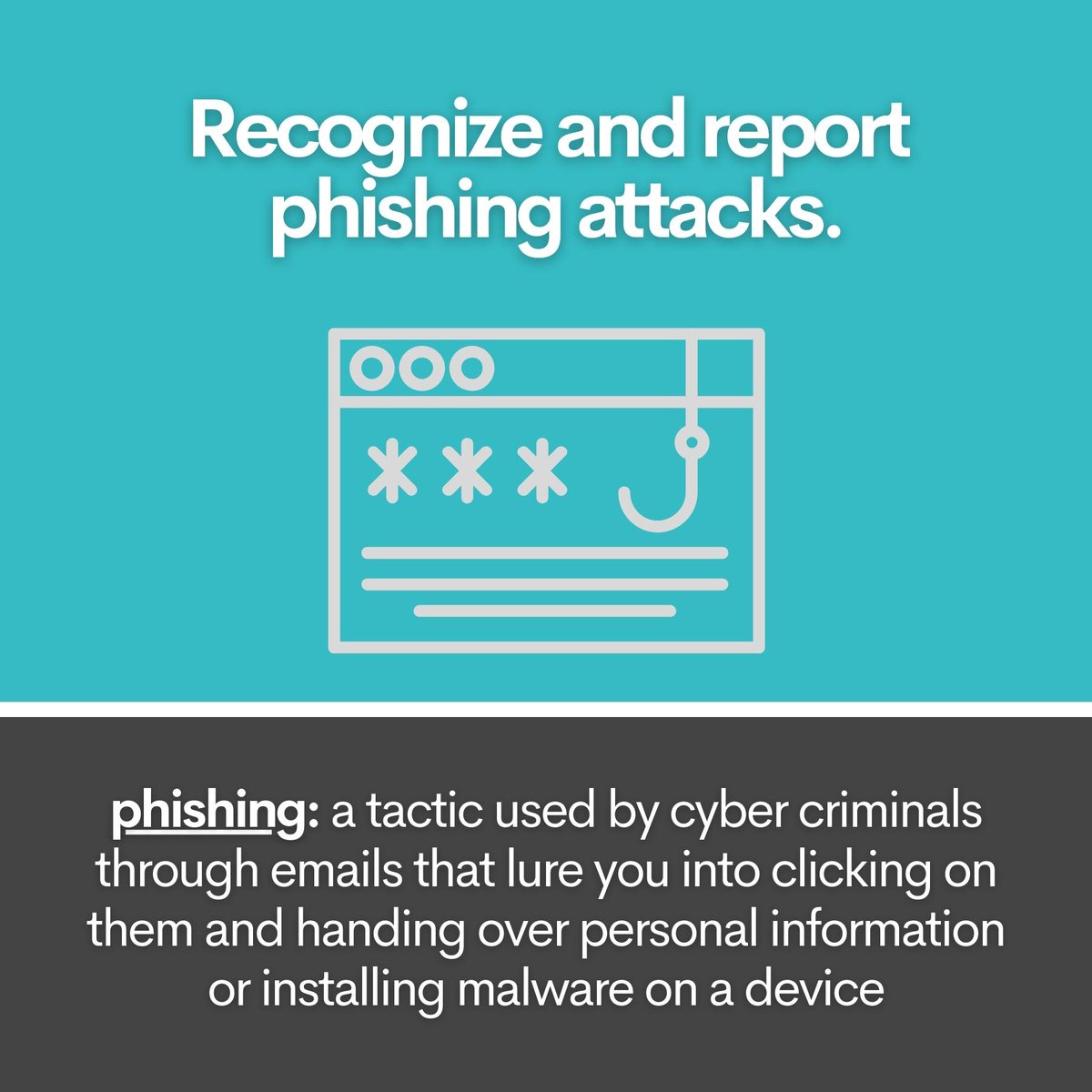 Cybersecurity Tip: Don’t take the bait when cyber criminals go phishing! Avoid emails that look too good to be true, oddly urgent, poorly crafted or include unusual requests. #CyberMonth