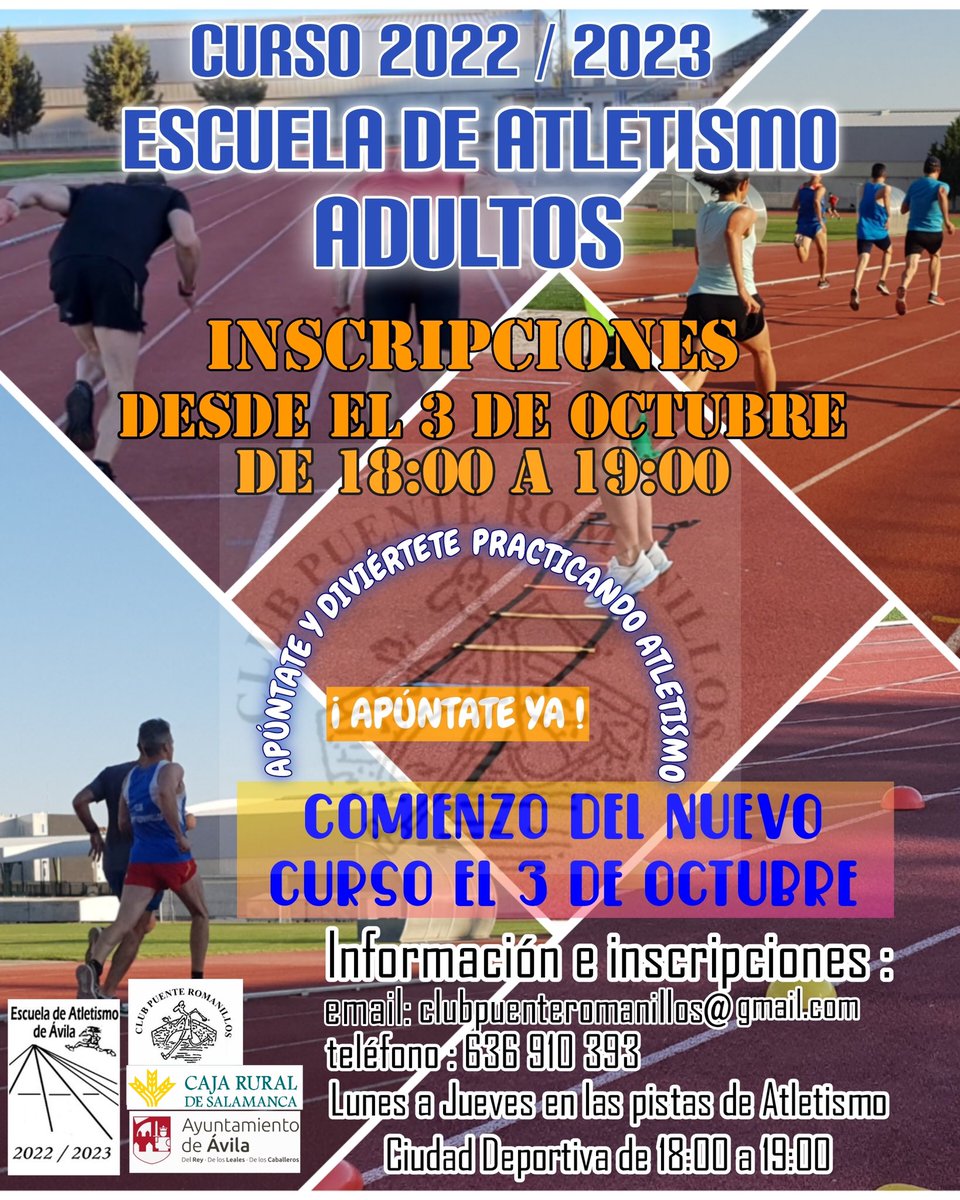 ESCUELA DE ADULTOS
Comenzamos el próximo lunes 3 de octubre. De lunes a jueves de 18.00 a 19.00, si llevas a tu niños/as a nuestra escuela aprovecha el tiempo y quédate a practicar atletismo. A partir de 18 años, todos los niveles. <a href="/CRSASALAMANCA/">Caja Rural de Salamanca</a> <a href="/FisioCenter7/">Fisio Center</a> #librerianotas