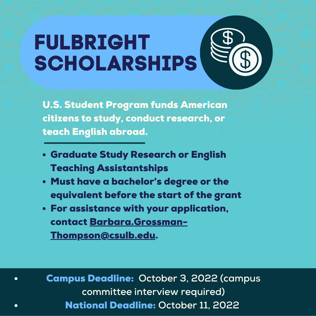 IST CSULB (@istcsulb) on Twitter photo 💰 SCHOLARSHIPS OPPORTUNITY 💰
Learn more about it through the link in our stories and contact Dr. Grossman-Thompson at barbara.grossman-thompson@csulb.edu
#CSULB #GoBeach #Fulbright #Scholarships #ISTCSULB #InternationalStudies #Research #GoAbroad #Travel 💰 SCHOLARSHIPS OPPORTUNITY 💰
Learn more about it through the link in our stories and contact Dr. Grossman-Thompson at barbara.grossman-thompson@csulb.edu
#CSULB #GoBeach #Fulbright #Scholarships #ISTCSULB #InternationalStudies #Research #GoAbroad #Travel