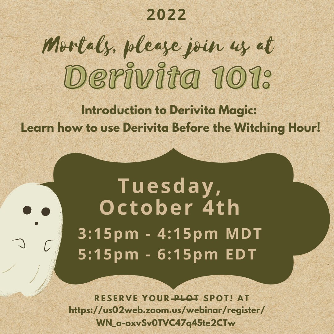 Join us for the first webinar, Derivita 101, in our Spooky Webinar Series this upcoming Tuesday, October 4th!

Claim your PLOT....I mean SPOT! Today by registering at the link below:
us02web.zoom.us/webinar/regist…