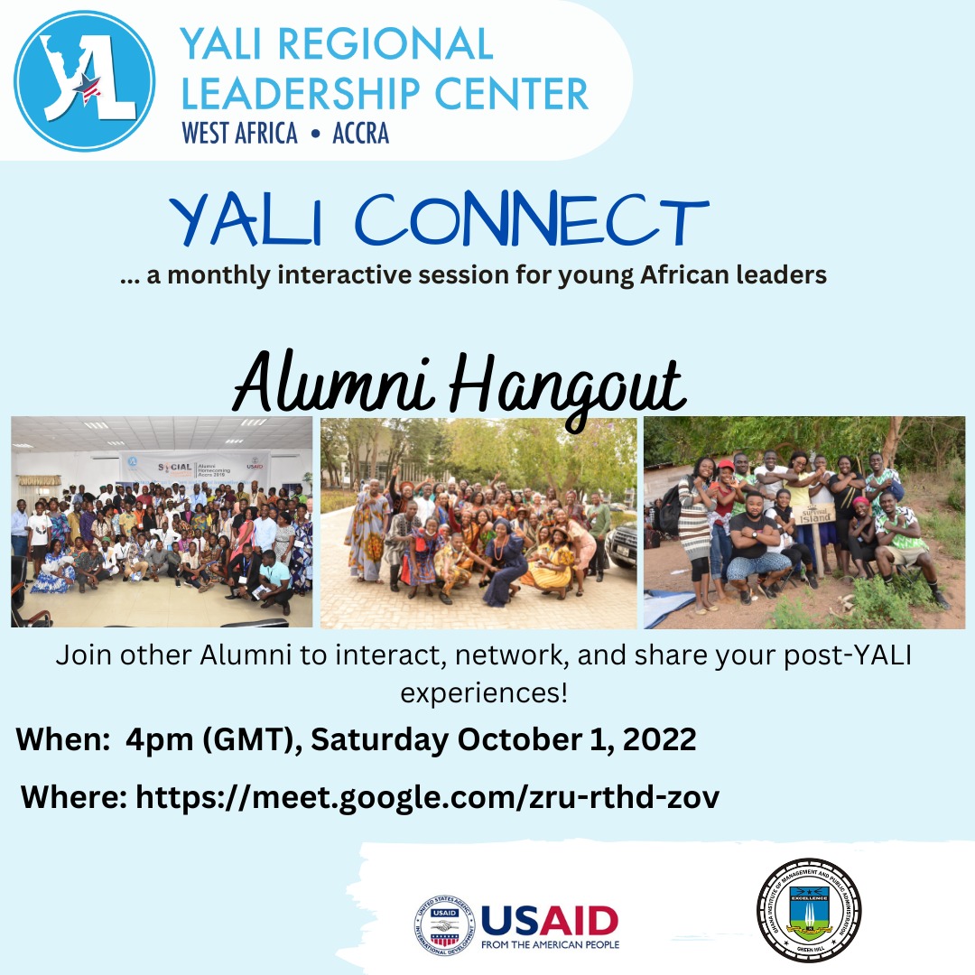 YALIRLCWAAccra's tweet photo. It's on tomorrow at 4pm GMT!
YALI Alumni Hangout - October 1, 2022. Come interact with other Alumni and share your success stories.
YALI Connect, your monthly interactive session.
Join via: https://t.co/tq3aYiUXMR
#YALIConnect #YALIRLCWA #YALIAlumni https://t.co/TPgmkSqXJc