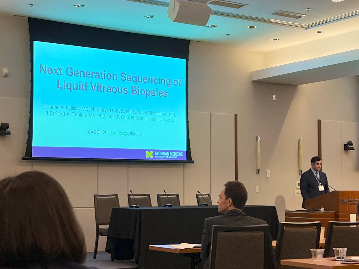 surgeonretina's tweet photo. Congrats to @UMKelloggEye resident Dan Balikov MD, PhD &amp; Andi Cani PhD for talk at American Assoc. of Ophthalmic Oncologists &amp; Pathologists. Dan shared our work on #lymphoma diagnostics using next gen sequencing of vitreous liquid biopsies. He will be an amazing retina fellow! https://t.co/dz2kCM6WPT
