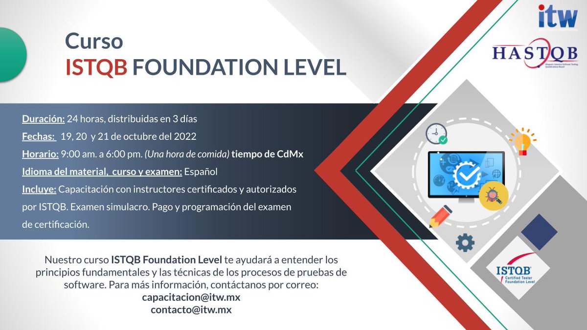 Johann_Leopold's tweet photo. ¿Requieres mejorar tus conocimientos sobre #PruebasDeSoftware y no sabes en dónde? En ITW te podemos ayudar, inscríbete para el siguiente curso de #FoundationLevel avalado por #ISTQB.
#CupoLimitado #Pruebas #Tester #Probador #CdMx #ITW https://t.co/2oeZUBzCCZ
