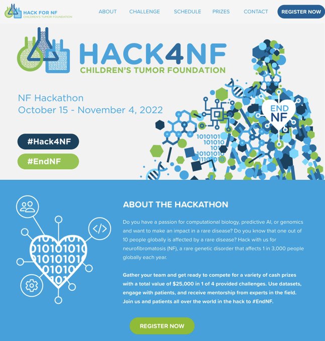 salvolarosa's tweet image. Hi! CTF #Hack4NF will start on Oct 15 with in-person kick-off in NYC and Seattle! Join us for #GenomicClassification #VariantClassification #DrugTargetPrediction in #neurofibromatosis. $25K in cash prizes! hack4nf.org