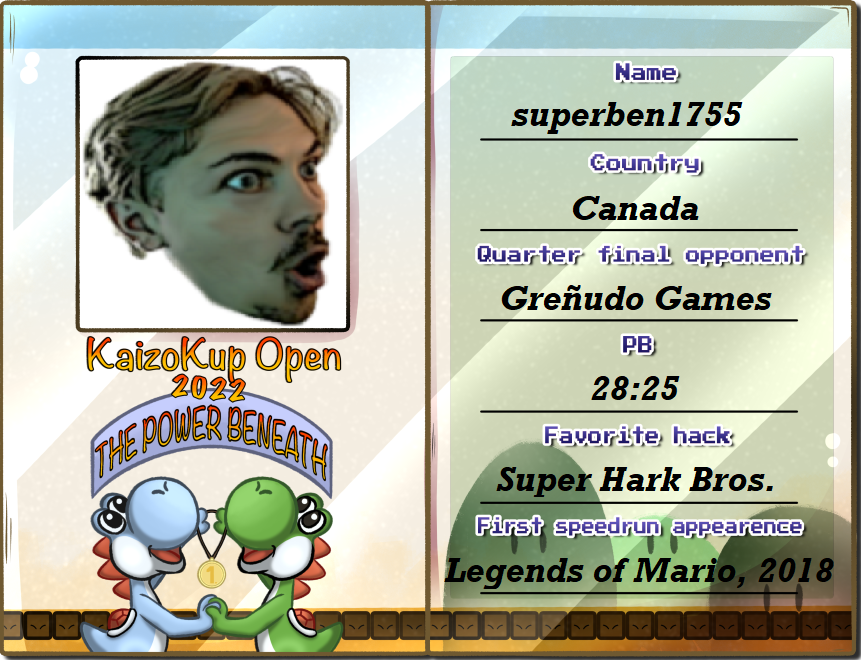 Presenting one of the top top top top speedrunners for Kaizo out there: <a href="/SBen1755/">SuperBen1755</a> 
His mechanics are on point, his mind is calm and his world records are endless. Ben is certainly one of the big favorites to win the Kaizo Kup Open.
