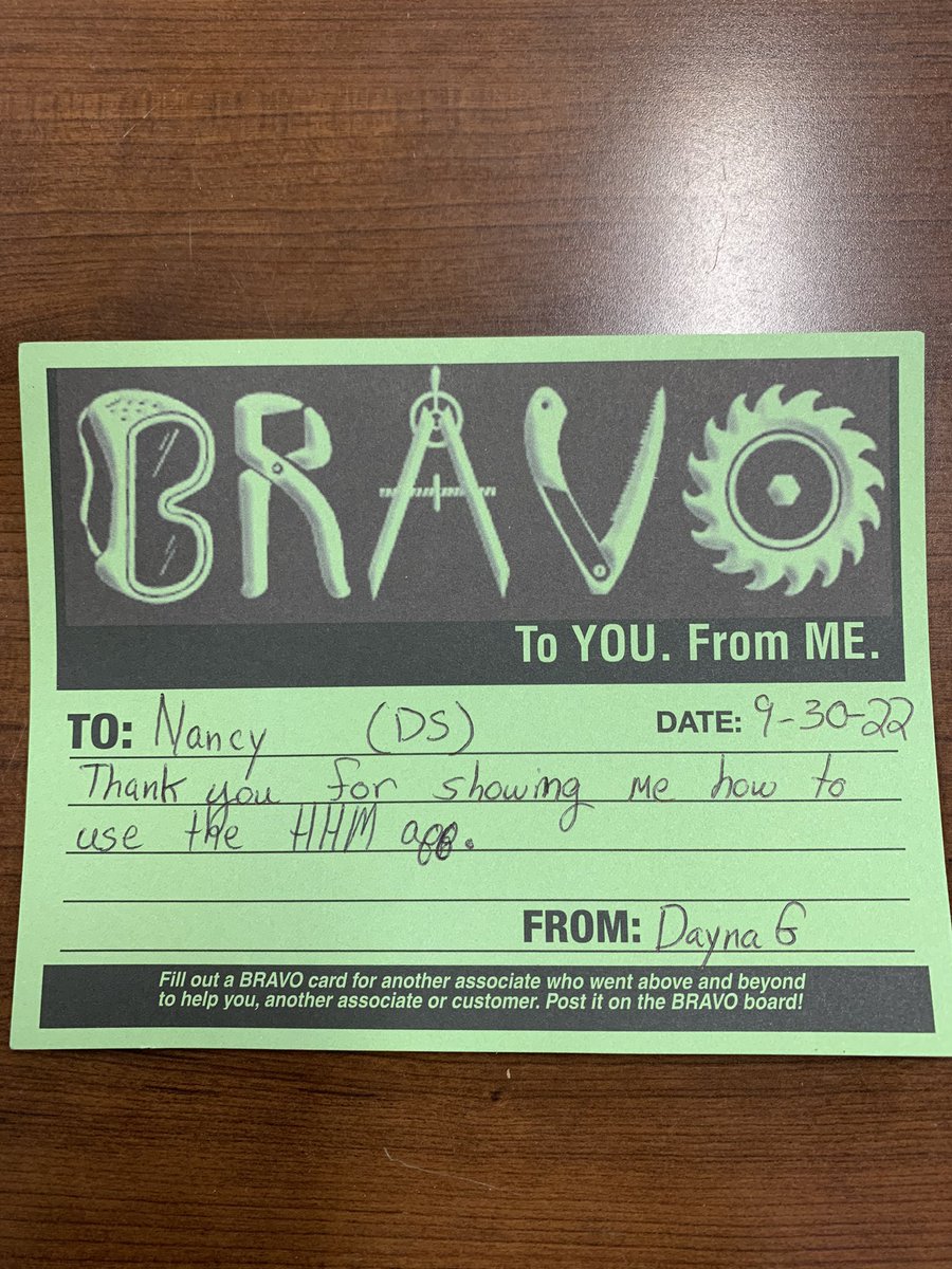 Thank you Fany for ahowing me how to properly use Order Up!
Also thank you Jose for your help getting down the pallet of dowels!
Lastly thank you Nancy for showing me how to use the HHM app!

@Aaron_C_Gomez
<a href="/MejutoAllen/">Allen Mejuto</a>
<a href="/Charlot64309144/">Charlotte French</a>
<a href="/dontamcam/">Tammy Campbell</a>
<a href="/Chelsa_7105/">Chelsa Evans</a>
<a href="/specialtyrosa/">Rosa</a>