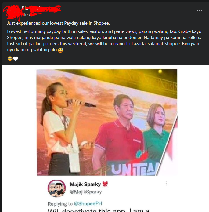 TheDorkKnight9's tweet photo. Shopee really put the hurt on the sellers. Sellers are left with no choice but to move to Lazada. The only person enjoying this endorsement deal is ToenailG.🤦

#SalamatShopee #HelloLazada https://t.co/JYNlmnlUOo