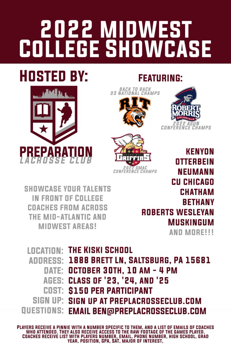 Uncommitted? The 2022 Midwest College Showcase at Kiski on Oct. 30 is a fantastic opportunity to display your skills in front of college coaches from great programs and schools across the Mid-Atlantic, Mid-West, and Upstate Region! Sign up today at preplacrosseclub.com/event-details/…