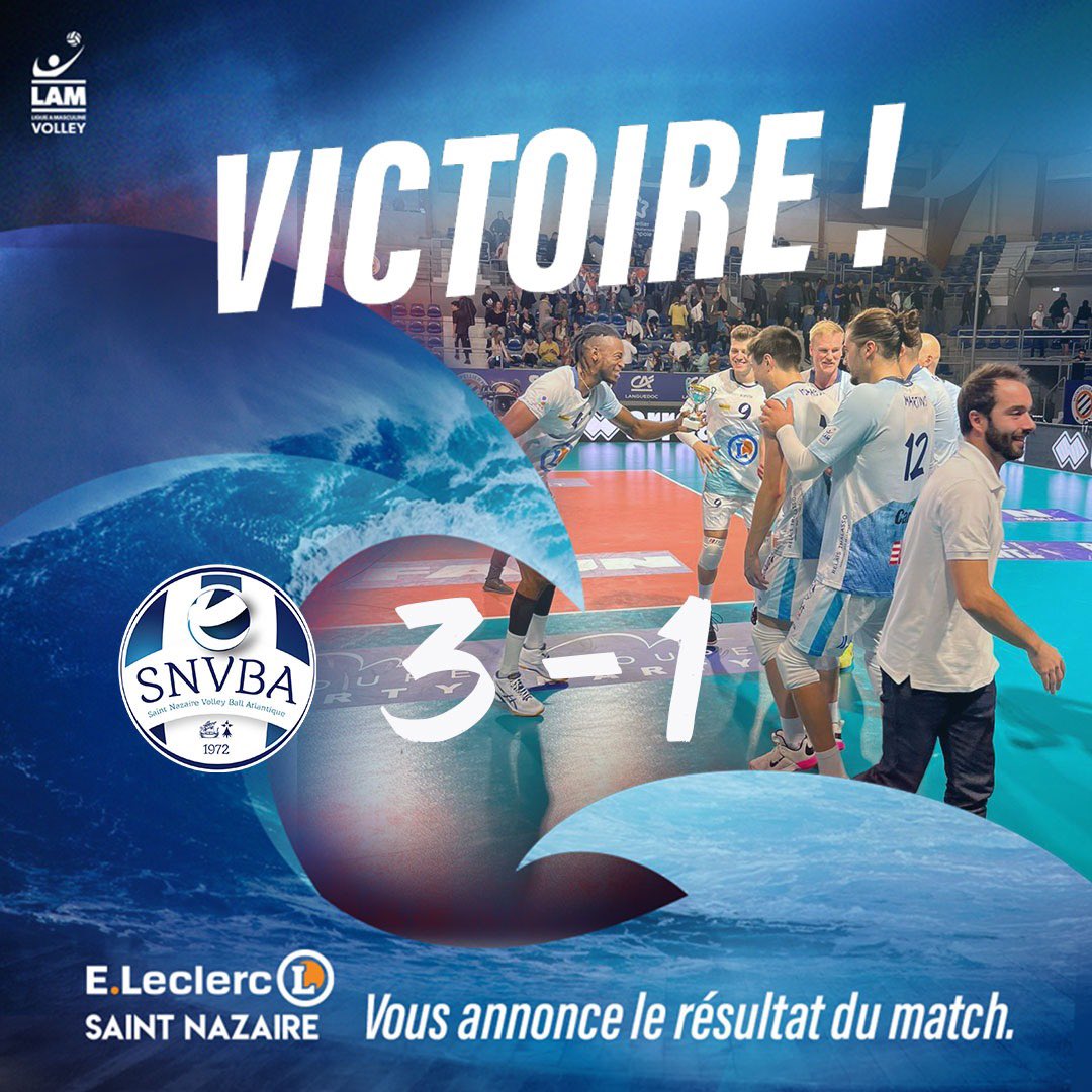 𝗣𝗿𝗲𝗺𝗶𝗲̀𝗿𝗲 𝘃𝗶𝗰𝘁𝗼𝗶𝗿𝗲 𝗱𝗲 𝗽𝗿𝗲𝘀𝘁𝗶𝗴𝗲 𝗳𝗮𝗰𝗲 𝗮𝘂 𝗖𝗵𝗮𝗺𝗽𝗶𝗼𝗻 𝗲𝗻 𝘁𝗶𝘁𝗿𝗲 <a href="/MontpellierHSC/">MHSC</a> #volley 𝗽𝗼𝘂𝗿 𝗹𝗲𝘀 Nazairiens ✅🔥
Victoire 3/1 chez le champion en titre pour débuter la saison💪!!
<a href="/LNVofficiel/">LNV</a> #NousSommesLaVague 
#SaintNazaire