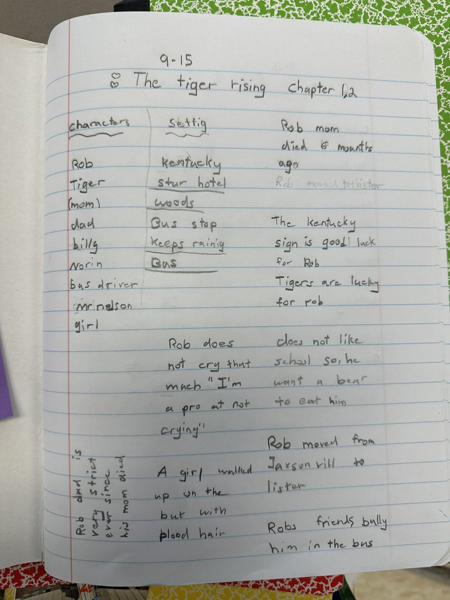 MsNCarroll's tweet photo. (1/2) SPOILER ALERT in the pictures! There’s an avid reader in our classroom! Sarah has shown her ability to read intensely through her stop and jots for Tiger Rising. Take a look at her progression in stop and jots from Chapter 1 to Chapter 12. Also, our class used her outline.. https://t.co/sKbITGmvia