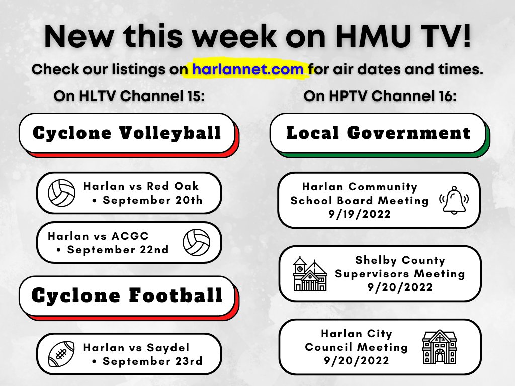 HMUHarlan's tweet photo. Watch local sports on HLTV Channel 15, and local government on HPTV Channel 16! Here's what was added to the lineup this week! Check our listings on https://t.co/H86dZ2taUd for our complete airing schedule. https://t.co/gSYr5tLT4n