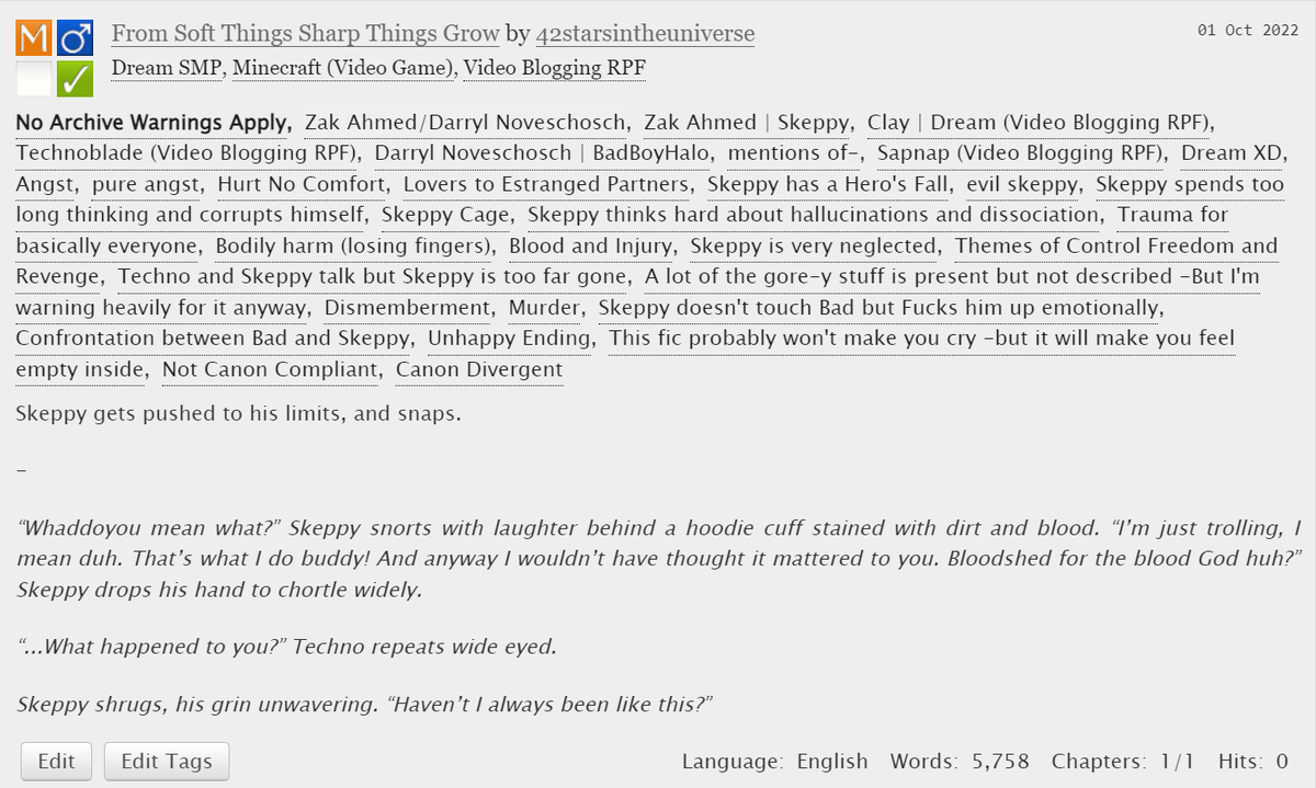 42StarsUniverse's tweet photo. New fic! Rated M for the violence, mistreatment, body horror, and more- Please read with caution! Check the tags carefully and be safe. This is for all the peeps who want to c!Skeppy go nuts and be a true villain on the DSMP.
⬇️ Link in replies ⬇️ https://t.co/QaD8VIdhG2