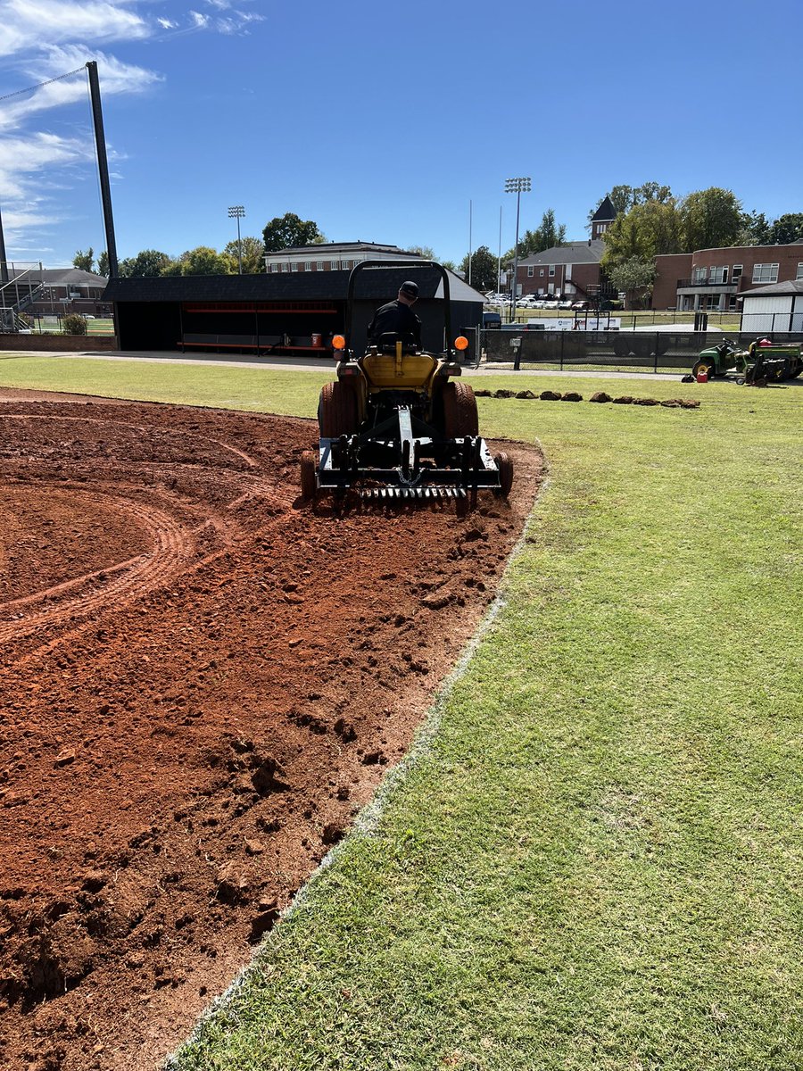UnionKyBsb's tweet photo. Huge day of renovation and improvement on the field today with sod cutting entire infield arc and baselines, new sprinklers in the outfield and infield, mixing and grading the infield dirt. Next up is rebuilding game mound, homeplate, and a 120’ turf bullpen with 3 rubbers wide! https://t.co/BJFRuJK0Zw